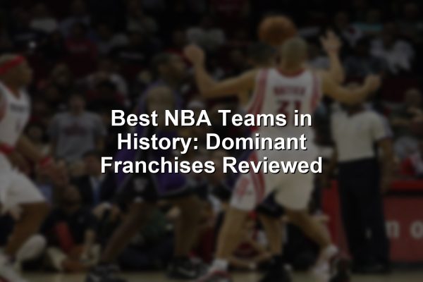 Collage of greatest NBA teams in history celebrating their championship moments.