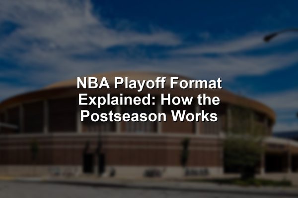 NBA playoff format explained with a vivid image of postseason basketball under arena lights.