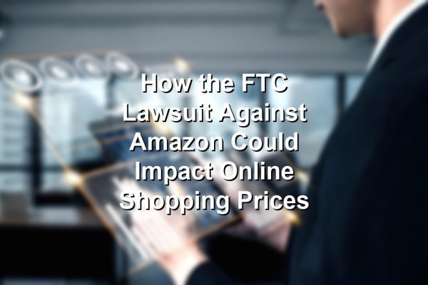 Illustration of the FTC lawsuit against Amazon, with a gavel and online shopping imagery.