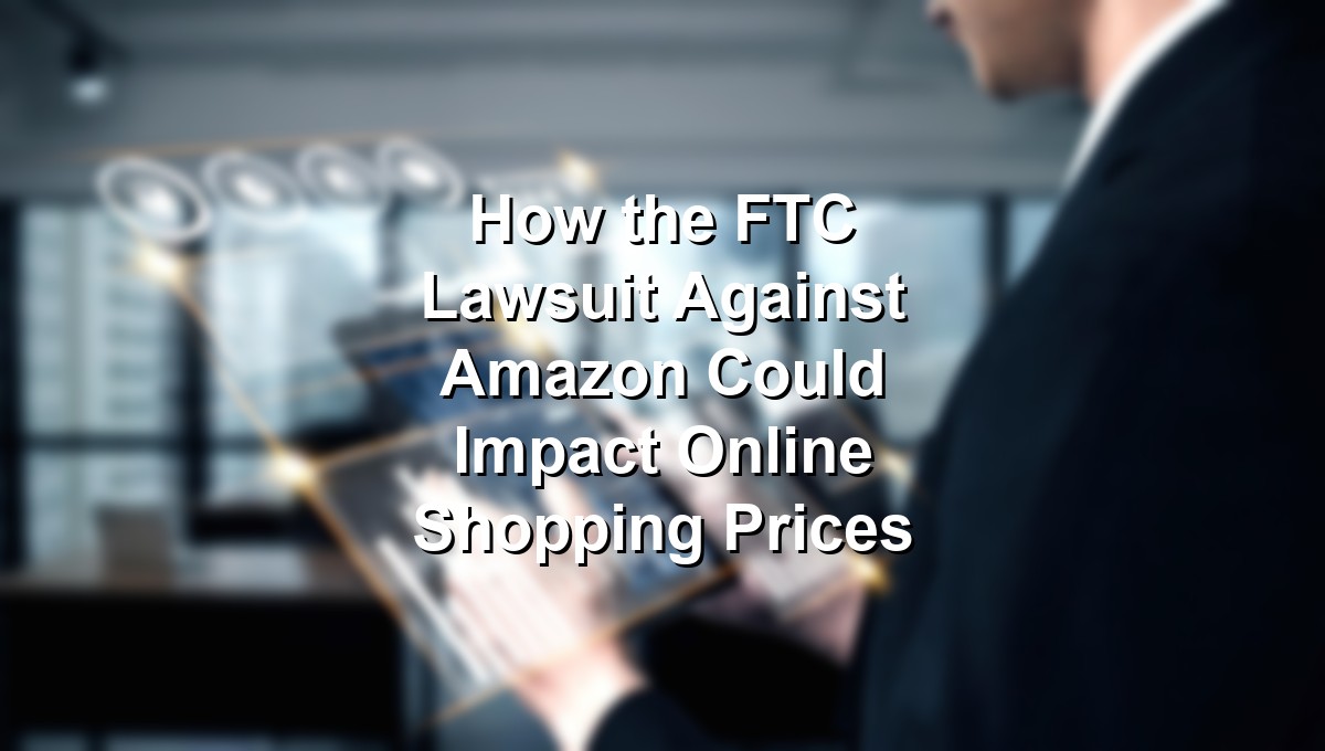 Illustration of the FTC lawsuit against Amazon, with a gavel and online shopping imagery.